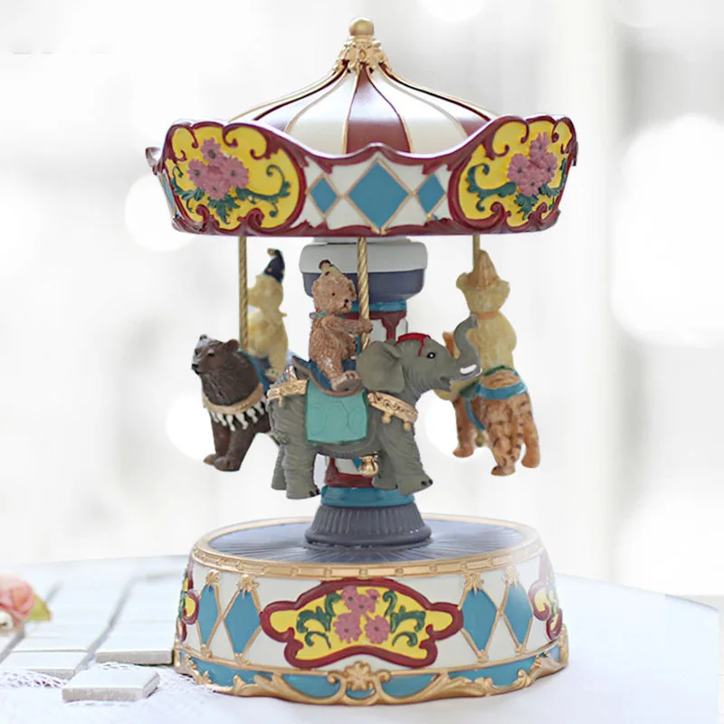 

New Light Luxury Style Resin Animal Merry-Go-Round Elephant Leopard Handmade Painting Music Box Desktop Ornament Home Decoration