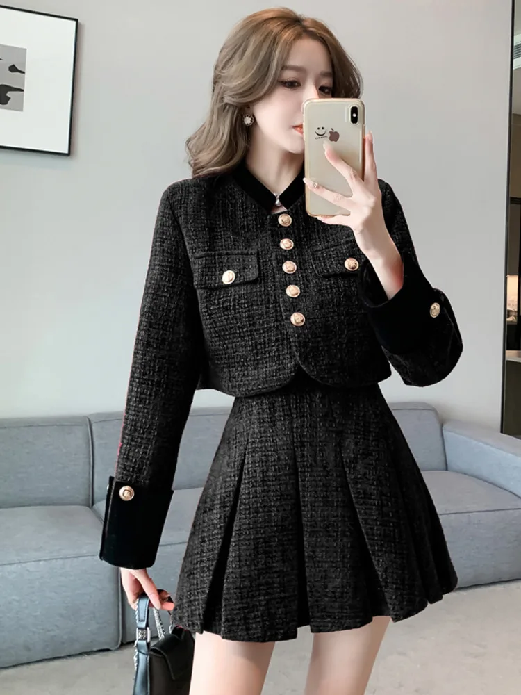 High Quality Small Fragrant Tweed Two Piece Set For Women Korean Sweet Short Jacket Coat + Pleated Skirt Sets Conjuntos Cortos