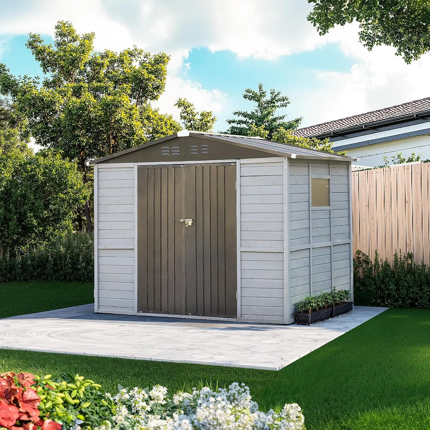 8x16x7.6ft Resin Outdoor Storage Shed with Floor, Weatherproof Garden Tool House for Backyard Patio, White Brown, Customized