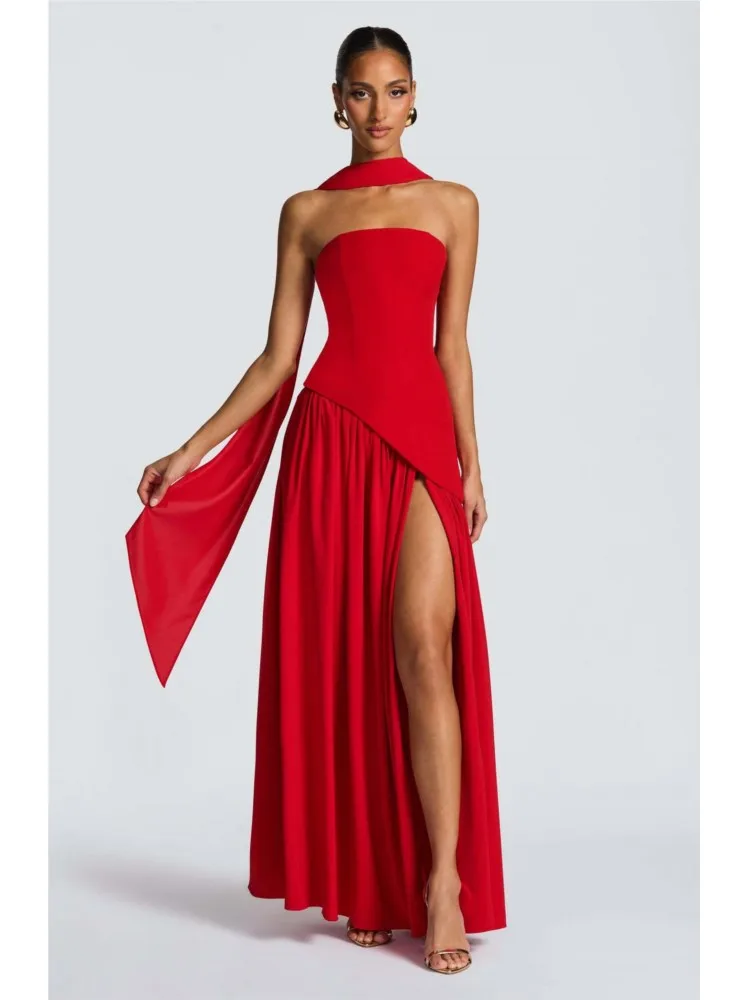 الصلبة اللون الشق اللباس المرأة أنبوب الأعلى أزياء مثير عارية الذراعين Strappy عالية الشق الربيع الصيف فستان طويل فساتين الحفلات الأنيقة #3