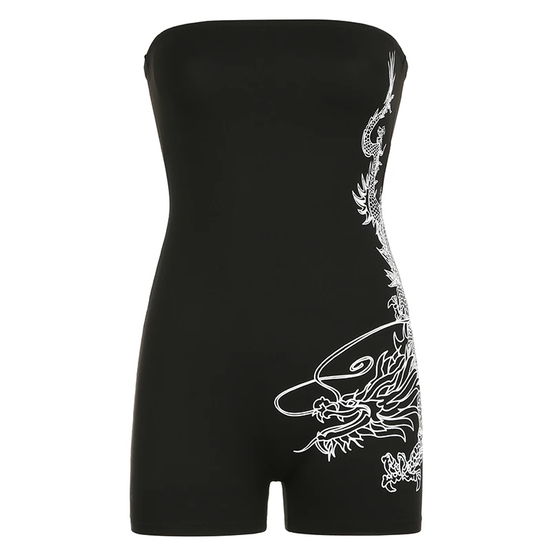 Darlingaga Streetwear Dragon Printed Fitness Summer Playsuit Women Strapless Fashion Gothic Dark One Piece Bodysuit Rompers Hot