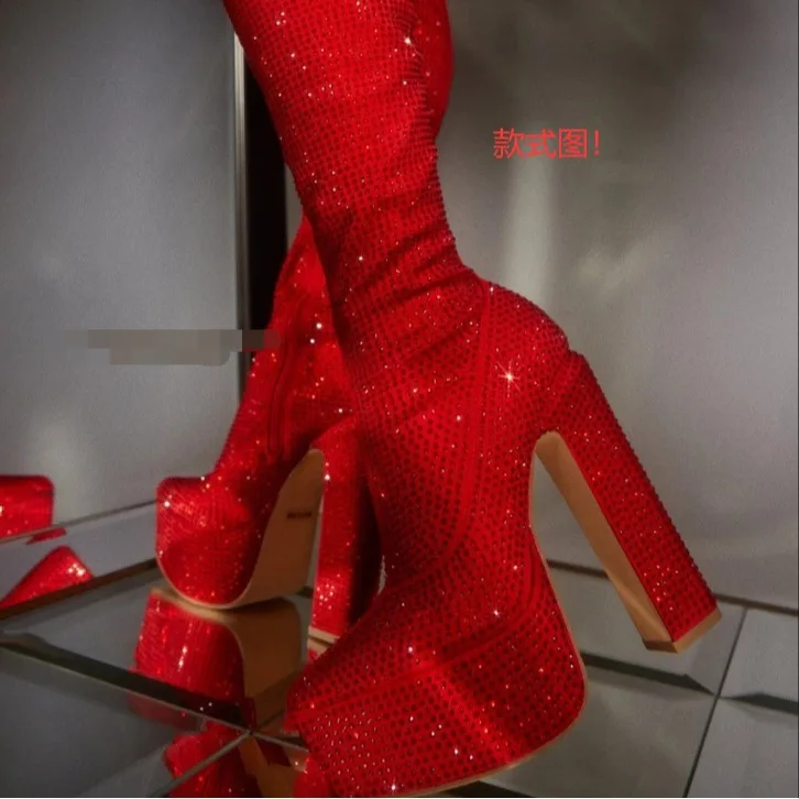 Women's Sequin Knee-High Boots Stiletto Heel Sparkle Detail Glam Bold Style for Evening Events Fashion-Forward Streetwear Outfit