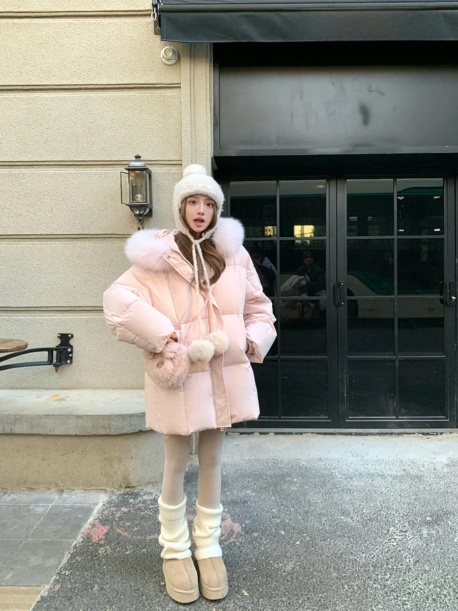 

Зимнее пуховое пальто Ay Snow для женщин, средней длины, с большим меховым воротником, 90% белого утиного пуха, верхняя одежда