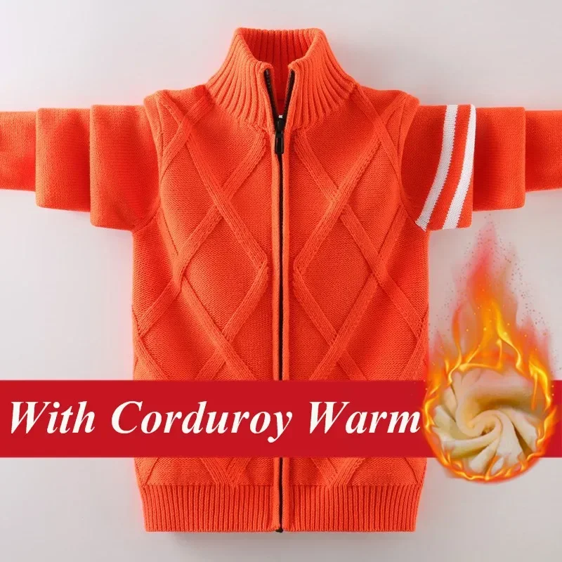 Children's Cardigan Jacket Autumn Winter Kids Thicken Warm Knitted Zip Sweaters For Teenages 4-15 Years Outerwear Coat