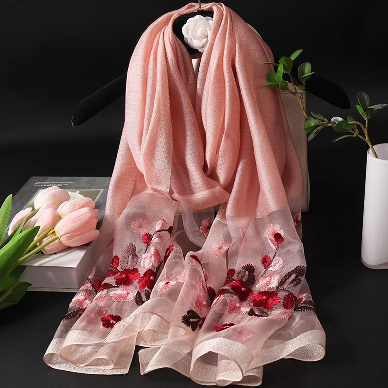 ピンクの混紡シルク刺繍スカーフ、ロングエレガントな女性用ショール、春・秋・冬の季節限定、多用途、植物・花柄デザイン