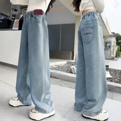 New Spring Autumn Teens Girl Dark Light Jeans Leisure Fashion Wide Leg Pants Kids Child High Waist Trousers 6 7 8 9 10 12 14 Y