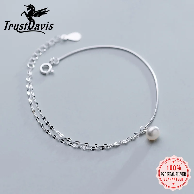 TrustDavis 925 Sterling Silver Pearl Double Layer Anklets Bracelet Bangle For Women Fashion Silver 925 Jewelry DA408
