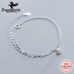 TrustDavis 925 Sterling Silver Pearl Double Layer Anklets Bracelet Bangle For Women Fashion Silver 925 Jewelry DA408