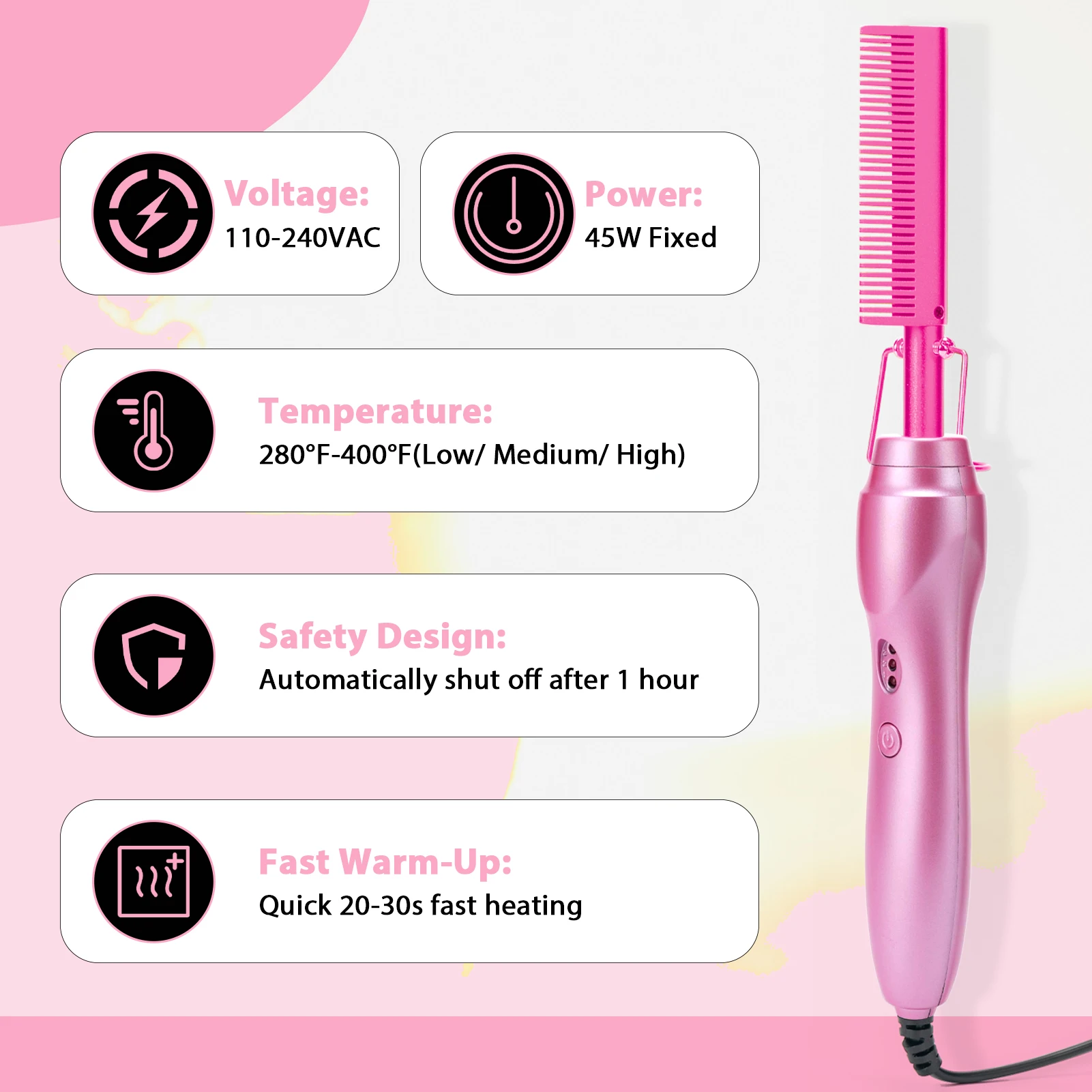 GOIPLE Heated Straightening Comb, 280-400°F Hot Comb for Wigs & Natural Hair, Straightens & Curls, Anti-Scald Stand, Champagne Pink