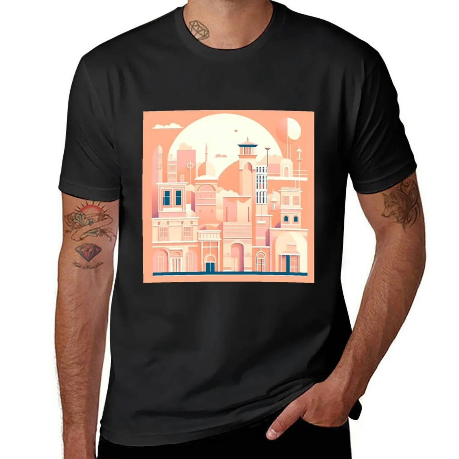 Coral Cityscape T-Shirt quick-drying Short sleeve tee heavyweights t shirts for men cotton