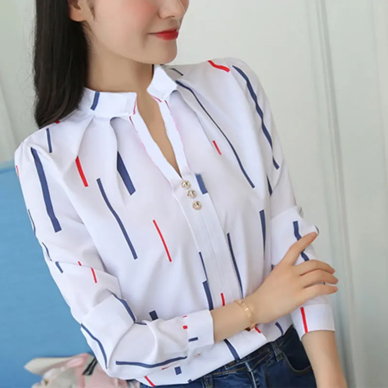 women\'s Autumn Fashion Simplicity Striped stand collar Long sleeve Shirts women clothes Casual All-match temperament Tops