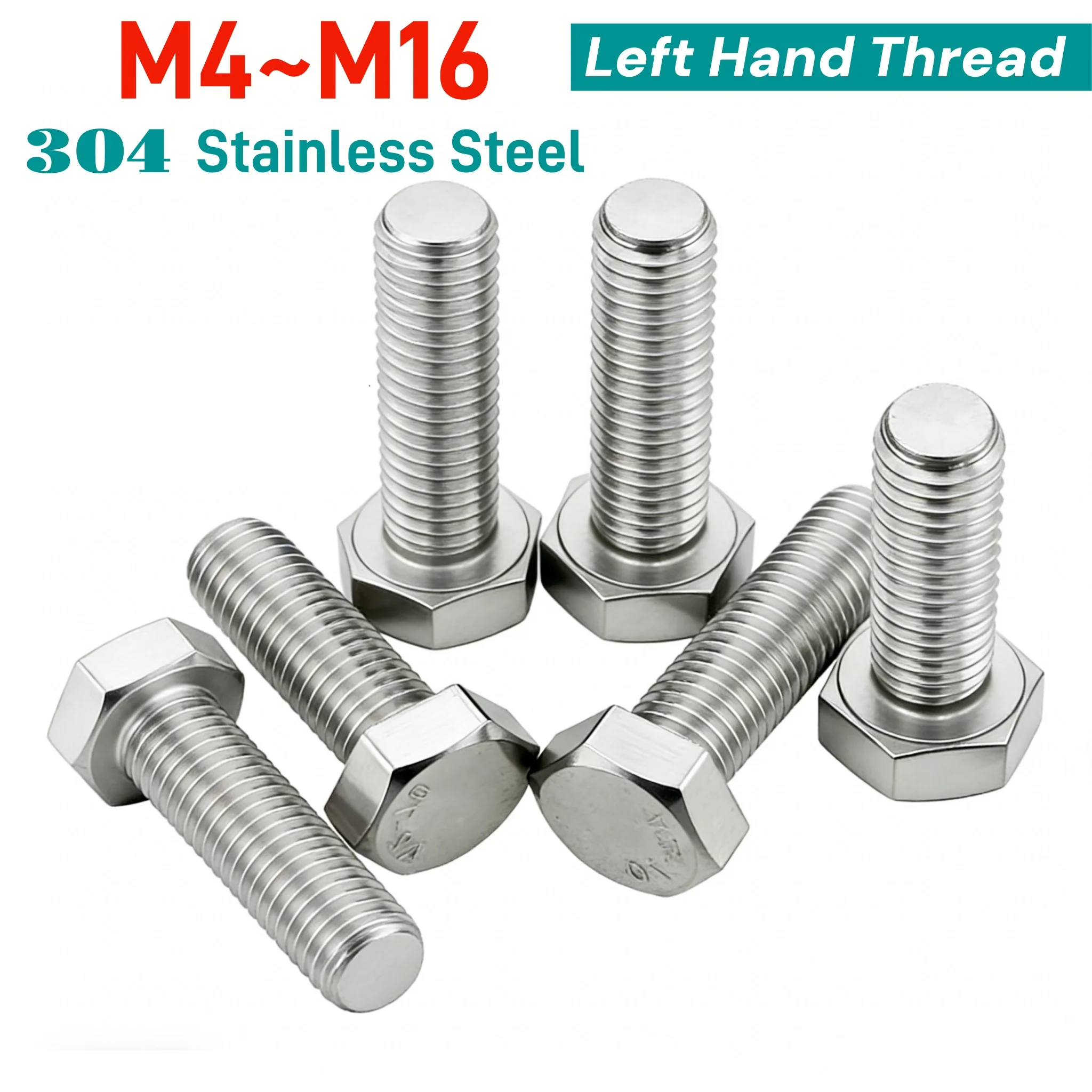 M4-M16 Left Hand Thread Hex Bolt Outside Hex Head Screw Bolt 304 Stainless Steel Reverse Thread External Hexagon Head Screw