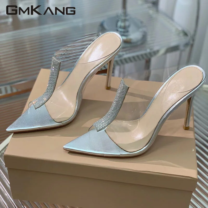 

Color PVC Mules High Heels Women Pointed Peep Toe Slides Woman Runway Thin Heels Shoes Summer Slippers Women Zapatillas Mujer