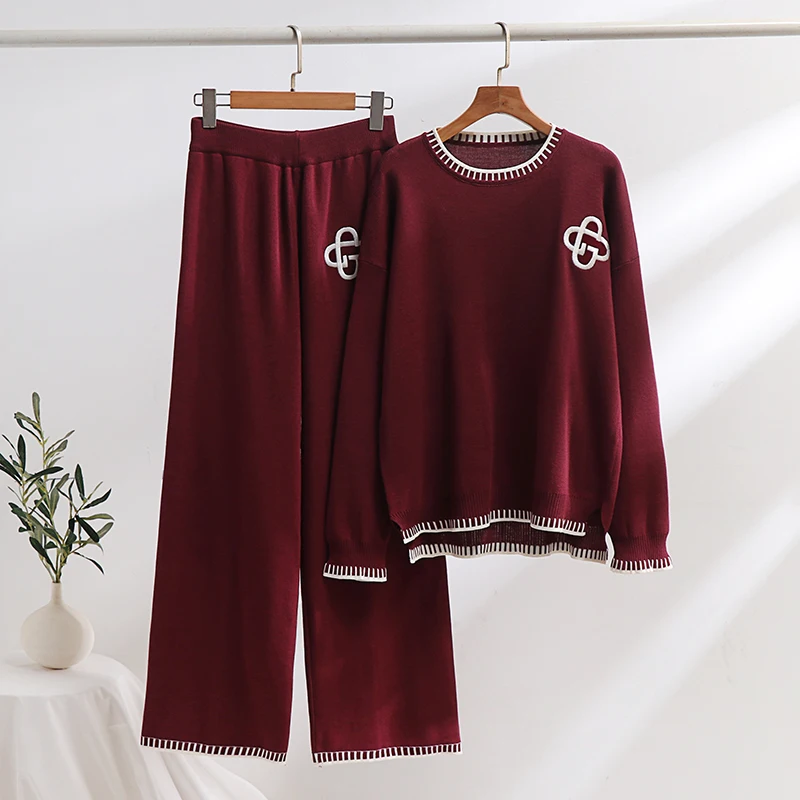 Elegant Embroidery Knit Two Piece Set Woman Winter Sweater Pant Matching Sets Casual Loungewear Knitted Two Piece Set Women 2024