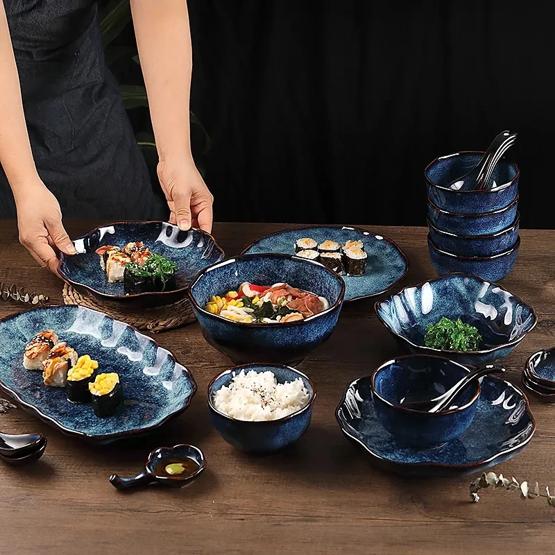 Nordic Blue Vintage Tableware Set Kiln Glazed Ceramic Rice Salad Round Dish Dinner Plate Bowl Dinnerware Set microwave safe