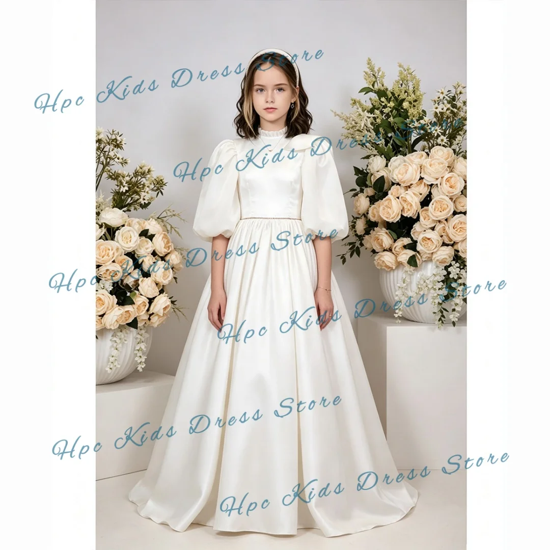Custom White Satin Flower Girl Dress for First Communion, Long Puff Sleeve Gown with High Neck & Beaded Waist, Bridesmaid Weddin