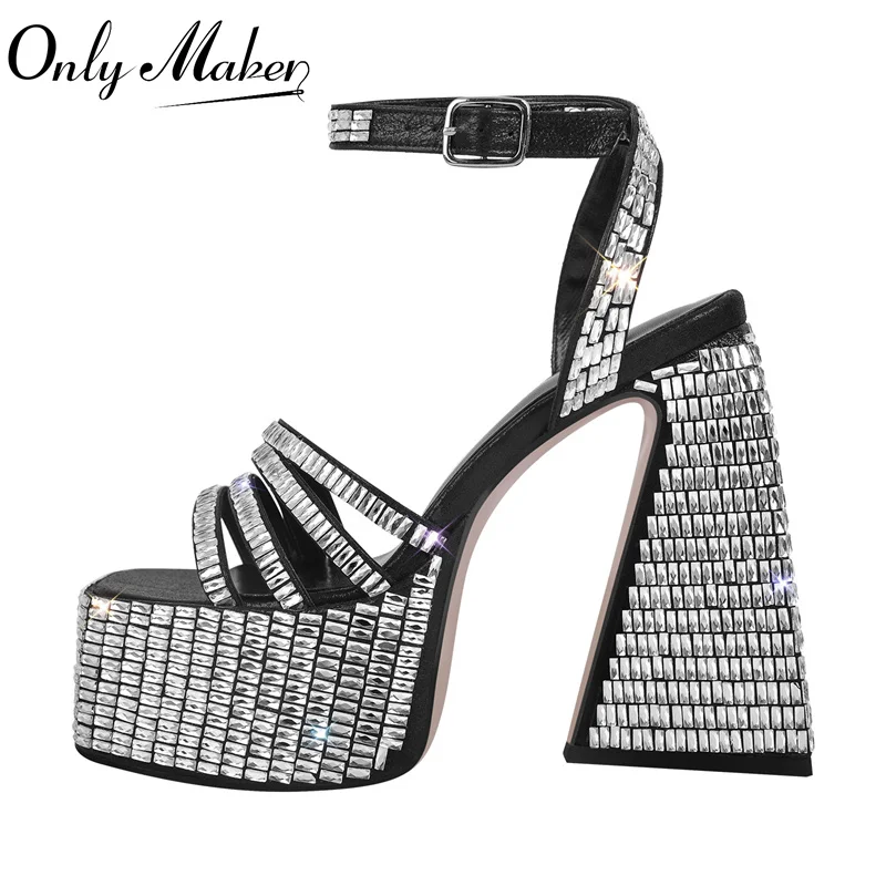 

Onlymaker Women Rhinestone Platform Sandals Square Toe Chunky Heel Sliver Party Dress Summer Female Sandals