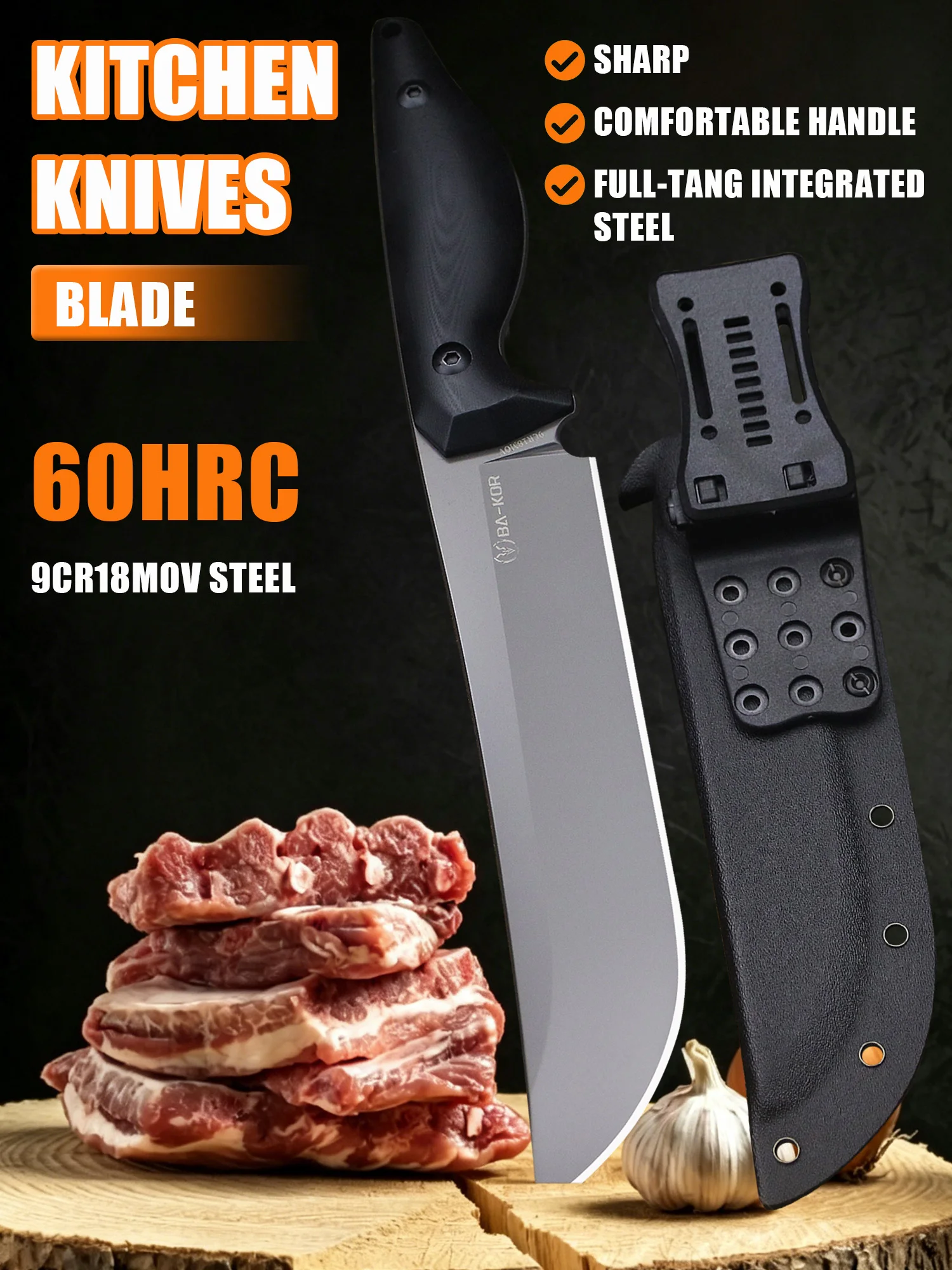 BA-KOR USA 5mm 9CR18MOV steel 12.8-inch all-tang one-piece chef's knife, slicing knife, kitchen knife + sheath