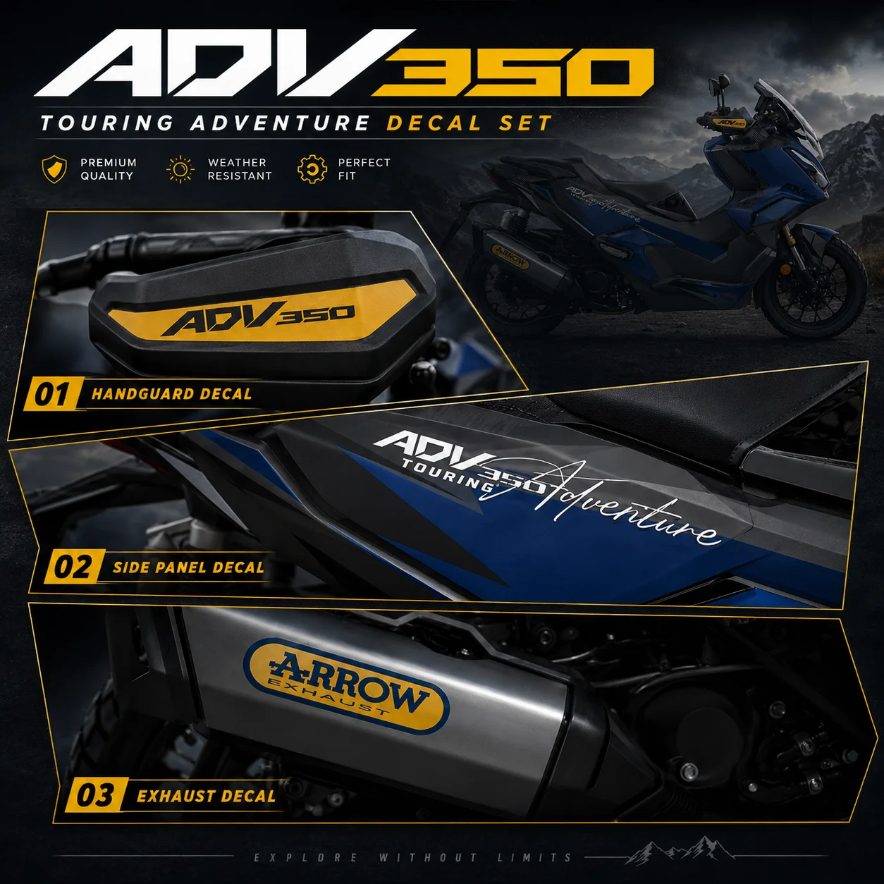 6PCS For ADV 350 Reflective Vinyl Sticker Motorcycle Body Side Panels Handguard Exhaust Pipe Aluminum Decorative Decals