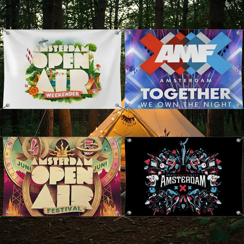 Festival A-Amsterdam M-Music F-Festival Flags Cozy Home Unhemmed Flag 4 Corner Grommets Anti-Wrinkle Waterproof Indoor