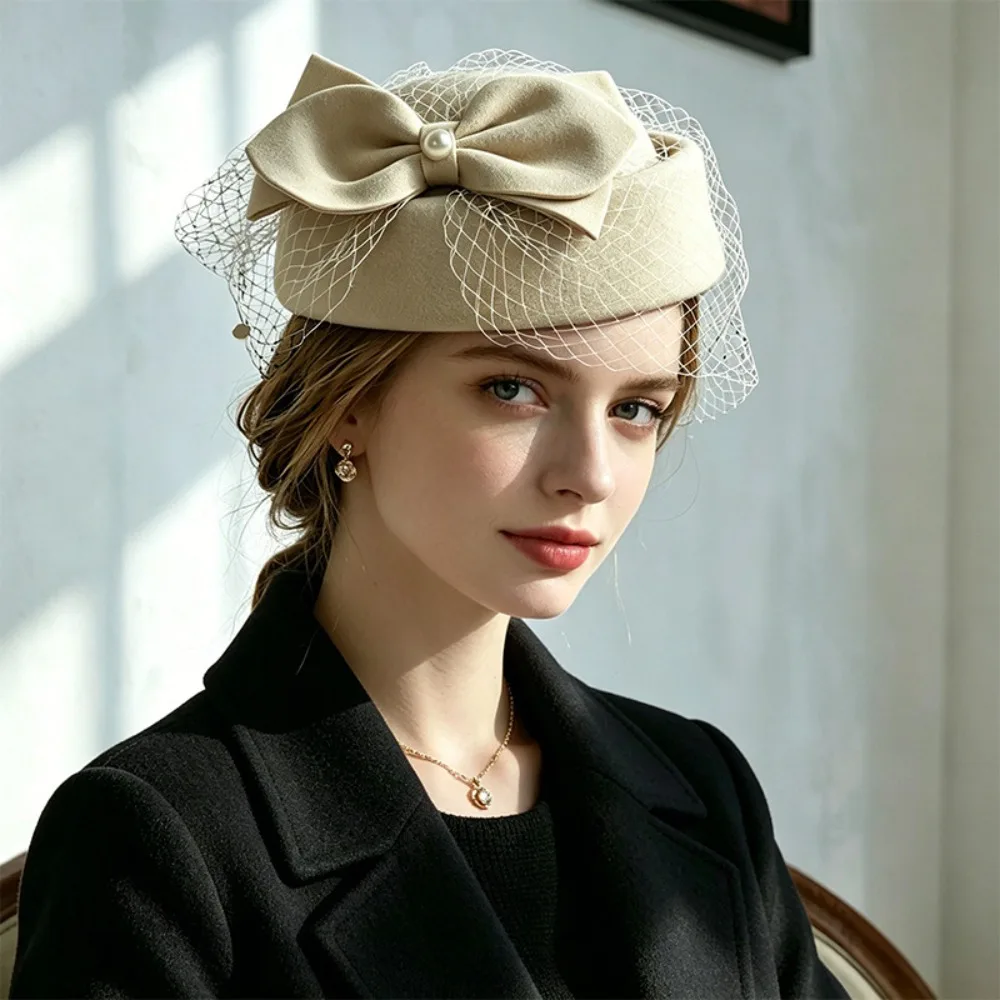 Vintage French Style Bow Fedora Hat Elegant Pearls Pillbox Hat Dome Solid Color Formal Hat Airline Uniform