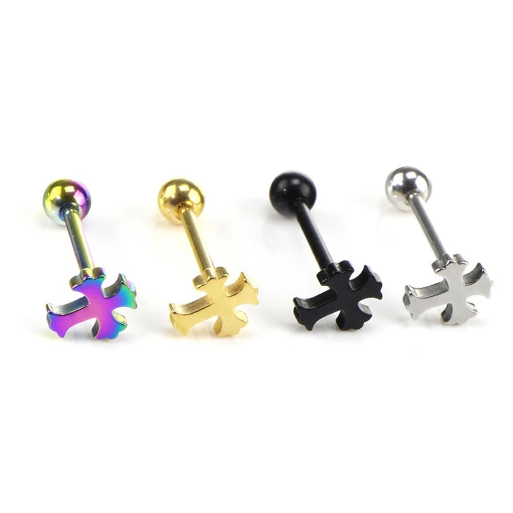 1PC Cross Tongue Ring Piercing Barbell Surgical Steel Bar Helix Tragus Rings Ear Cartilage Stud for Women Men Body Jewelry 14G