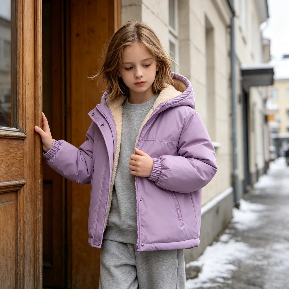 Kids Thermal Hooded Coat Soft Sherpa Liner Warm Quilted Jacket Boys Girls Winter Outerwear for Snow Days Extreme Cold Weather