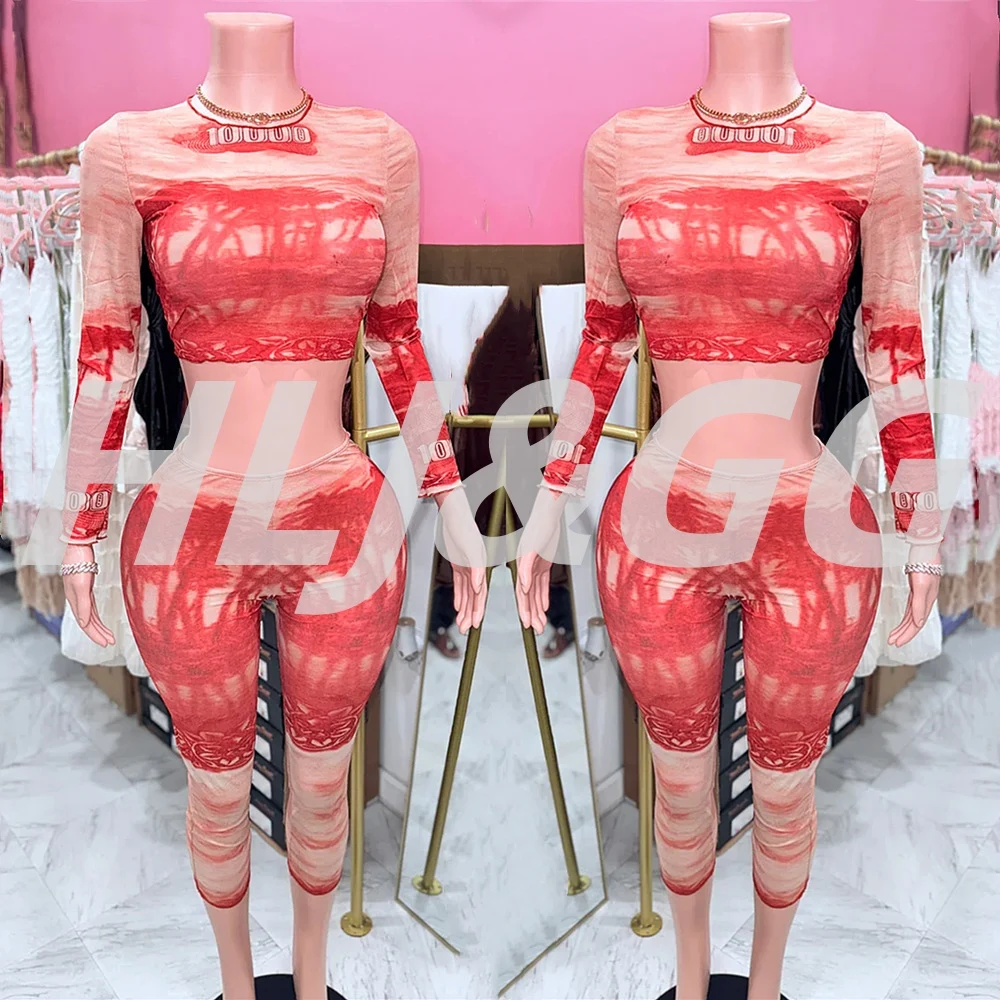

HLJ Fashion Tie Dye Print 2 Piece Sets Woman Outfit Long Sleeves See Through Crop Tops + Pants Matching Female Streetwear New