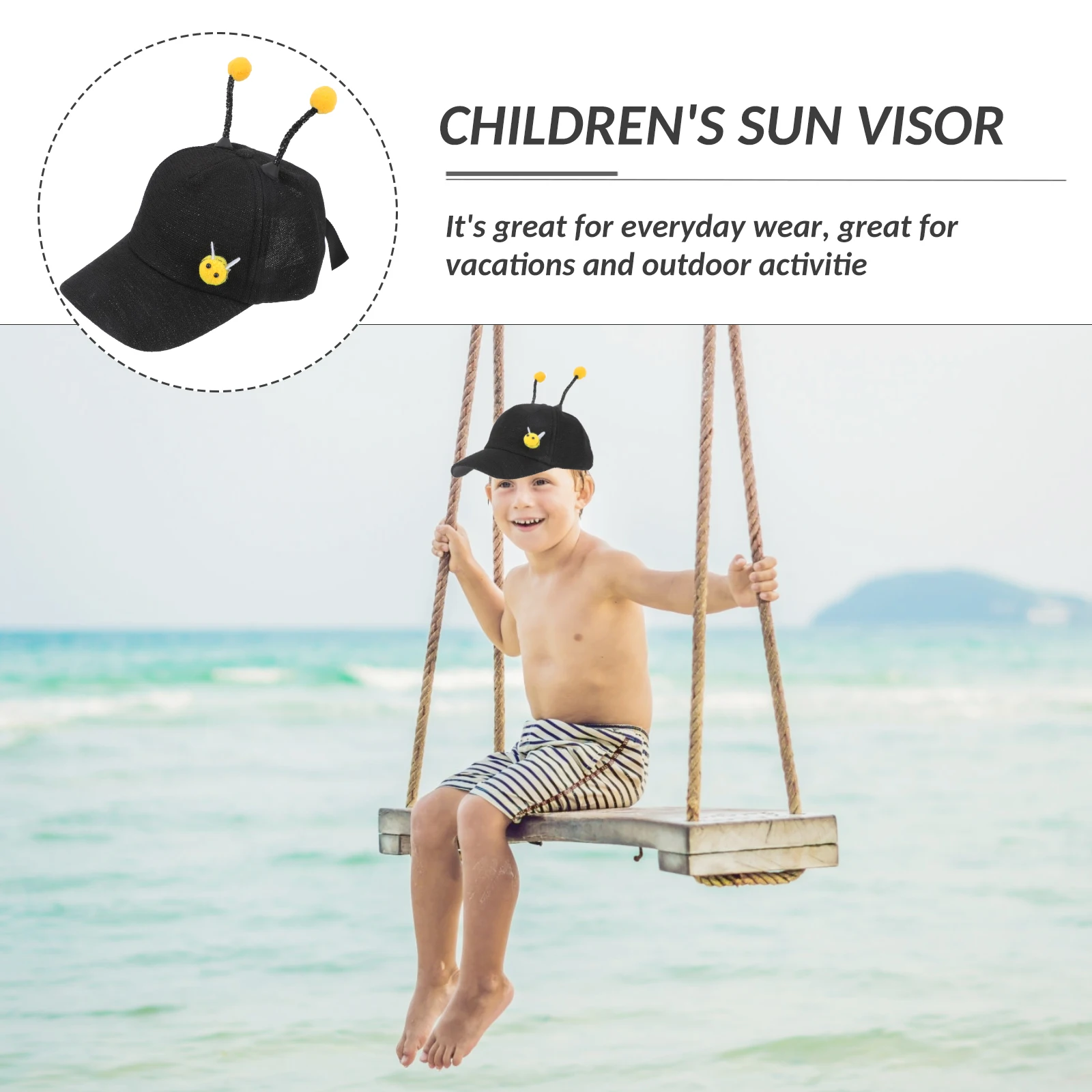 

Premium Sun Hat Bendable Bee Antenna Uv Protection Cotton Adjustable 3-9 Years Old Black Mesh Outdoor Play Comfortable