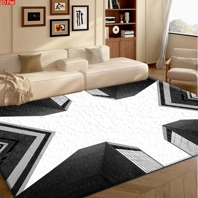 Black White Geometric Building Symmetry Carpet Flooring, Modern Architecture Non-Slip Floor Rug for Living Room Office Bedroom Home Decoration