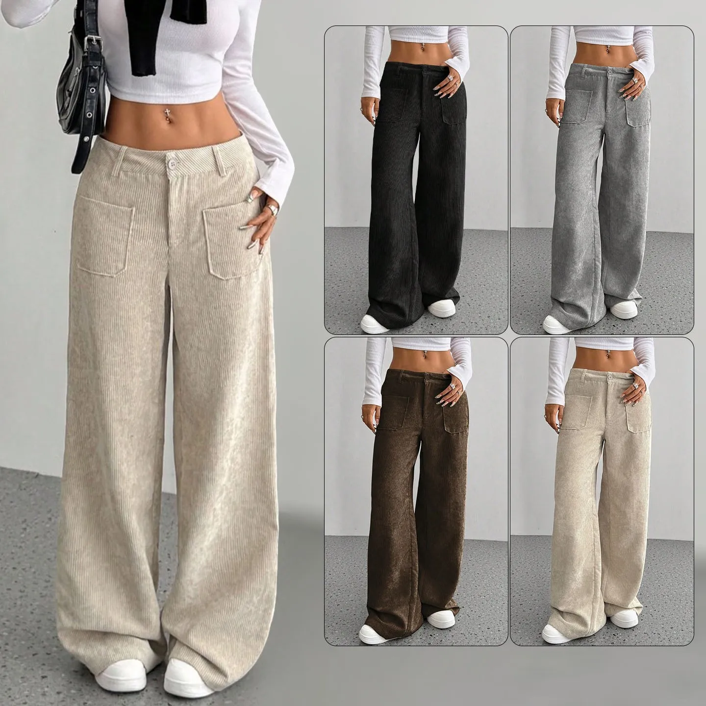Pantalones de pana de pierna ancha para mujer, de cintura media y alta, con cierre de botones, ajuste holgado, en colores beige, negro, gris, marrón, de largo completo y color liso.