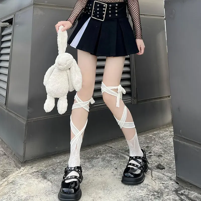 Gothic Lolita Girls Elastic Long Bandage Heart calze a rete Jk Tie Lace Mesh calze donna Sexy Middle Tube Straps calzini fai da te