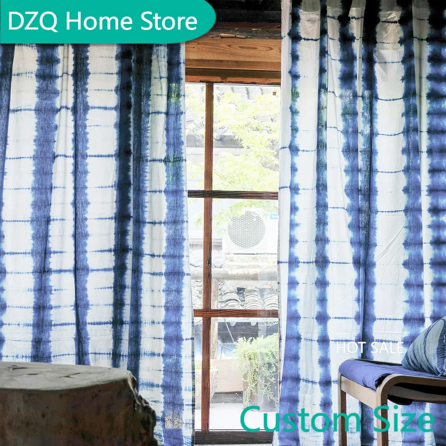

High-end Hand Dye Indigo Curtains, Natural Plant Tie Dyed Blue Window Drapes for Living Room Bedroom Cafe,Cotton Soft Curtains