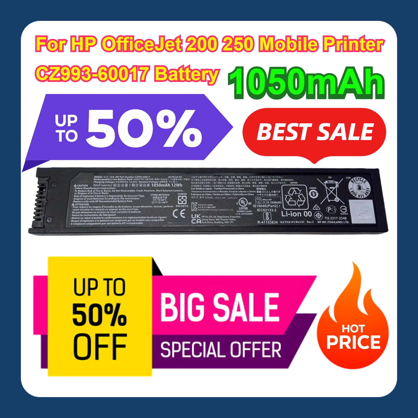 For HP OfficeJet 200 250 Mobile Printer 1050mAh CZ993-60017 Battery