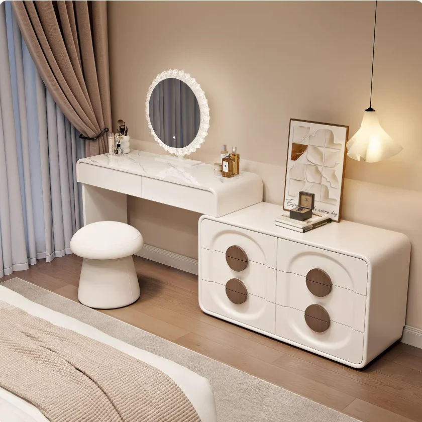 

#Cream-style Solid Wood Dressing Table Modern Minimalist Bedroom Chest 4 Drawers Durable Storage Unit Single Vanity