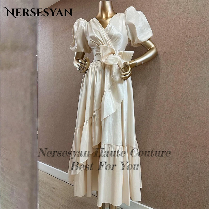 Nersesyan-فستان رسمي للحفلات من الساتان ، أكمام منتفخة ، فساتين سهرة على شكل حرف v ، فيونكة على شكل حرف A ، ثنيات مكشكشة ، موضة ، 2023