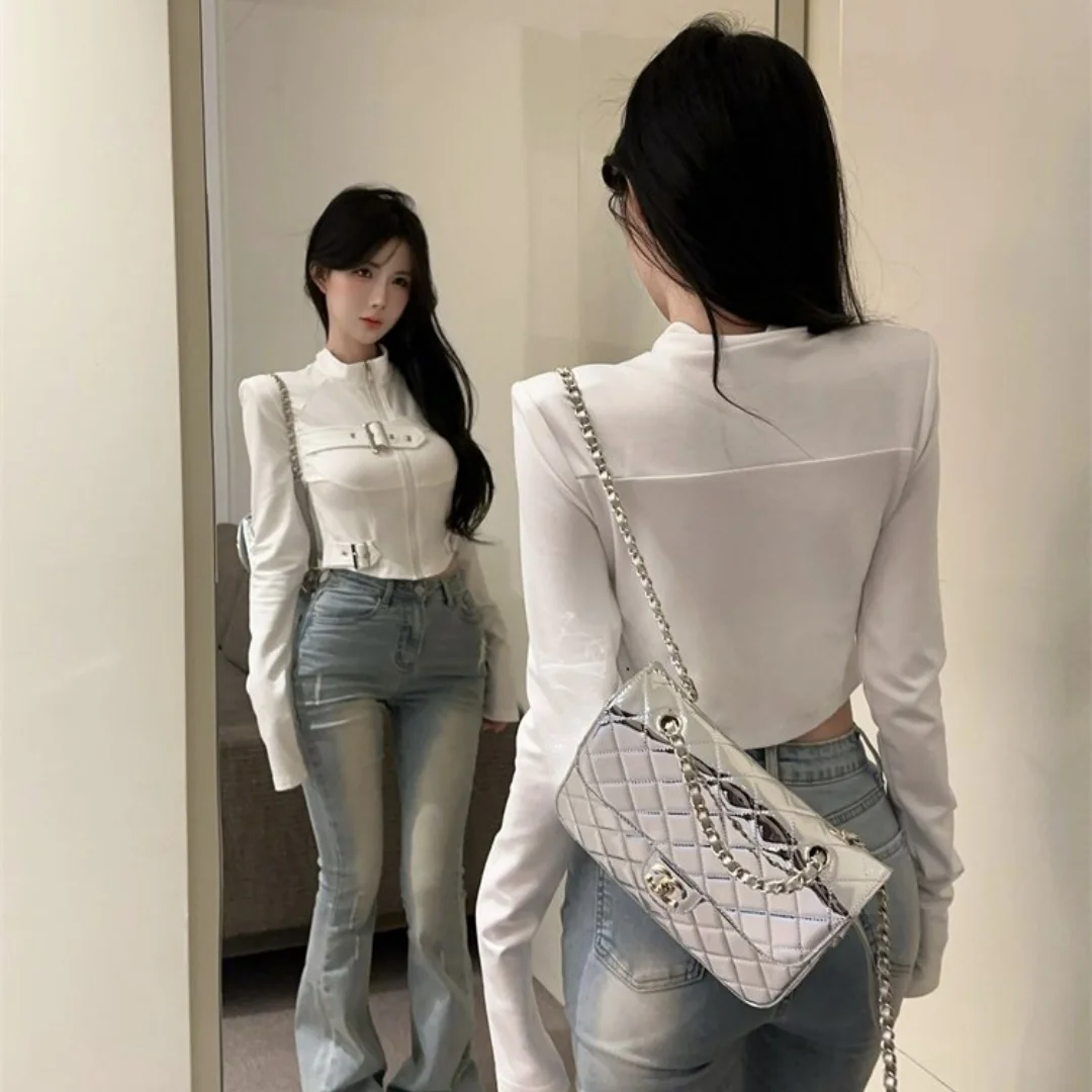 Women's Spring Summer Versatile Long Sleeve Zip Up Crop Top Fishbone Design Trendy Slim Fit Layering Outerwear