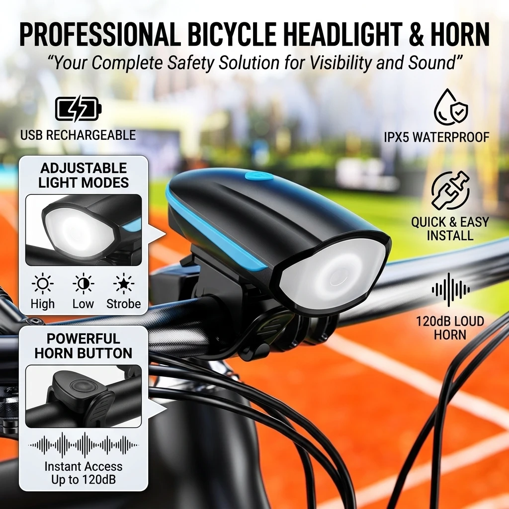 

Bicycle Front Light Electric Horn Waterproof Headlight USB Rechargeable Cycling Flashlight Loudly Bells