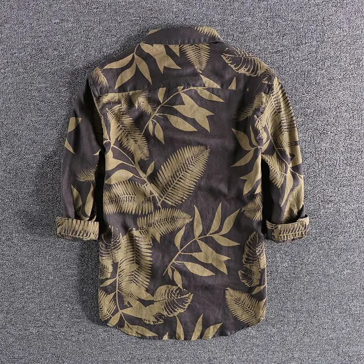Leaf Print Fashion Trend Spring and Summer Youth Shirt Fashion Retro Lapel Men Centre-sleeve Button Cardigan