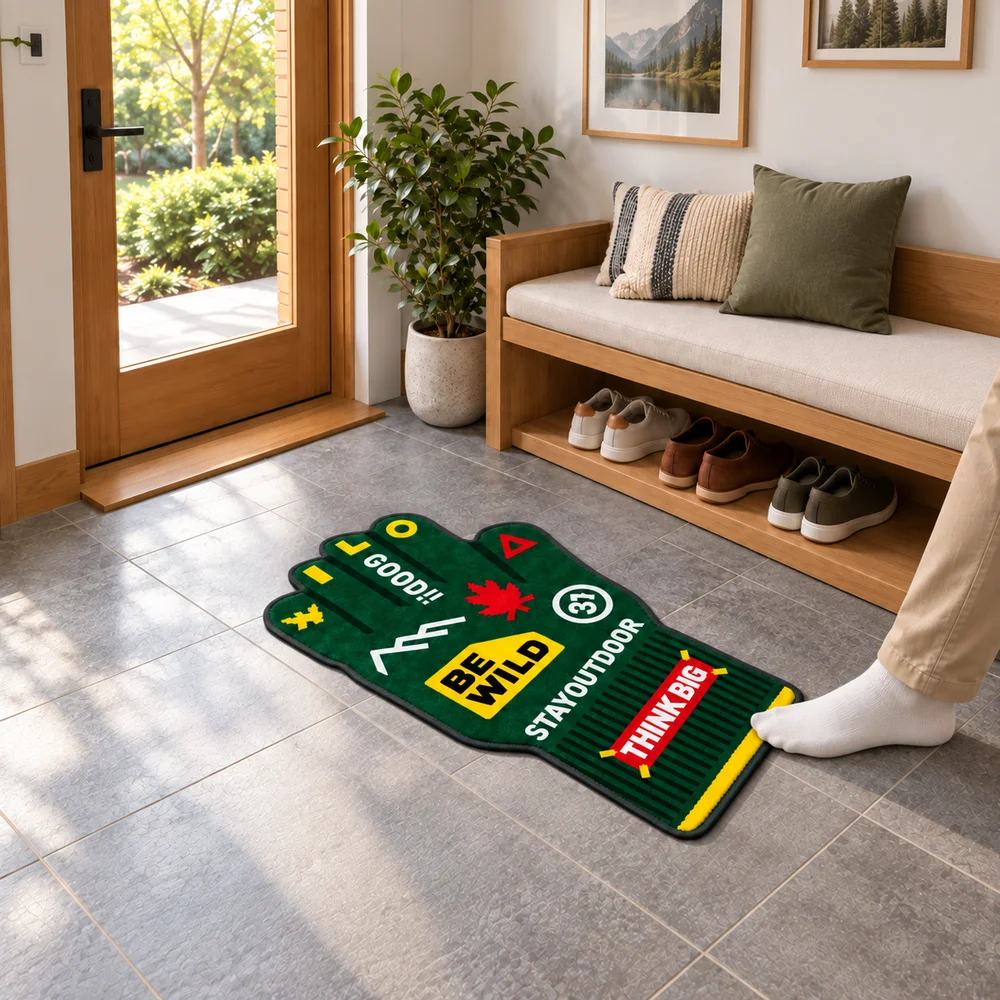 Green Glove Shaped Flannel Floor Mat Outdoor Letter Pattern Irregular Rug with Bound Edges for Entryway Living Room Bedroom