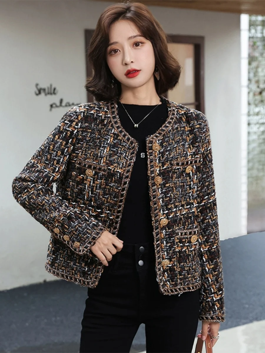 

Элегантное женское твидовое пальто премиум-класса на весну-осень 2025 года, новинка, маленький размер, с круглым вырезом, на пуговицах, длинное
