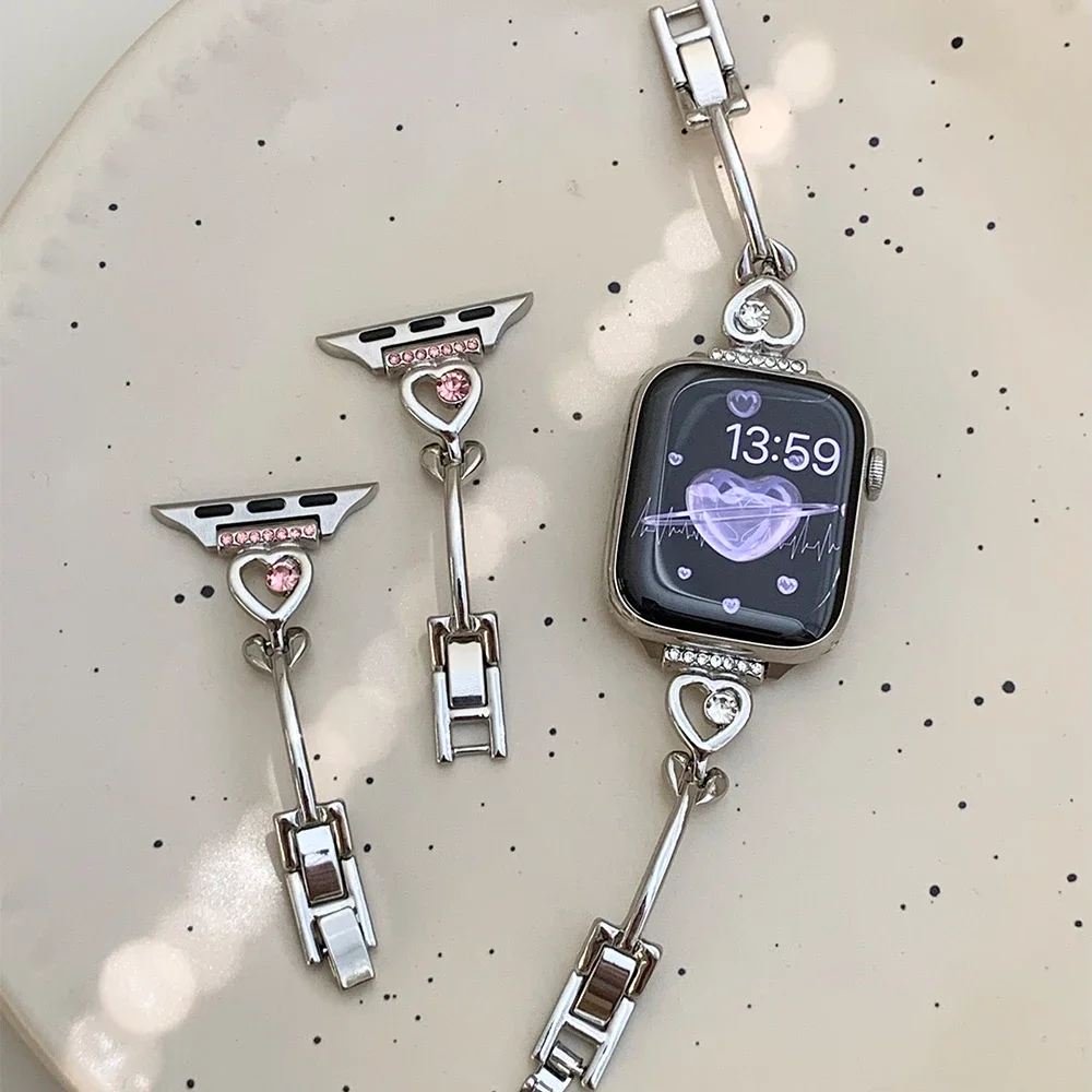 

Heart Diamond Bracelet for Apple Watch Band Series 10 9 8 7 6 Se 5 4 Ultra2 Women Metal Strap Iwatch 44mm 40mm 46mm 42mm 41mm