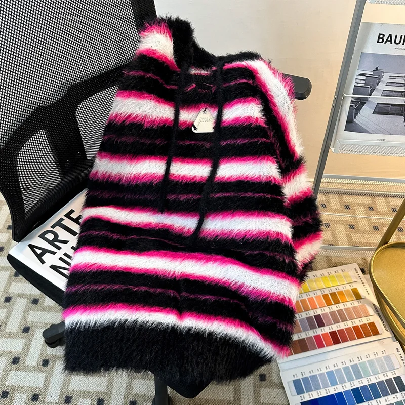 2025 가을 겨울 미국 레트로 스타일 남성 스트라이프 핑크 블랙 컬러 블록 루즈 캐주얼 데일리 니트 스웨터