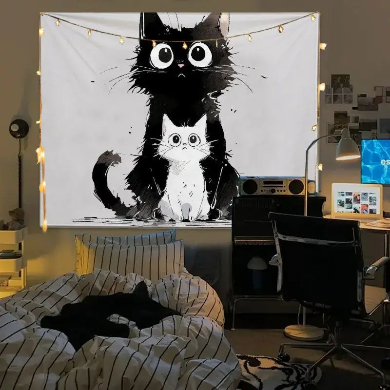 VIKAMA Cute Kitten Tapestry Black White Cat Wall Hanging Polyester Photo Backdrop Bedroom Dorm Aesthetic Room Decor