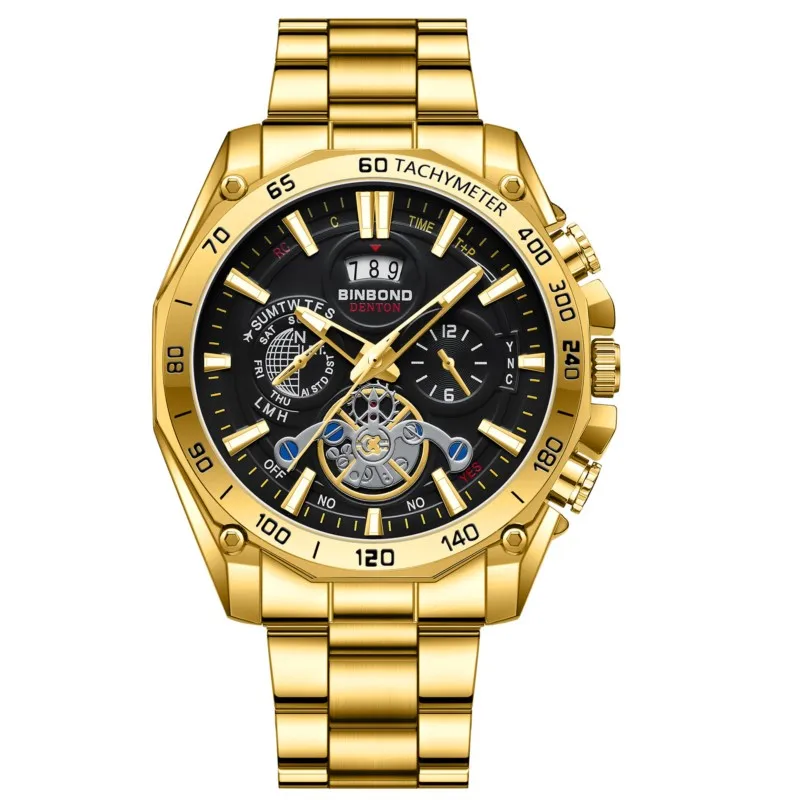 

BINBOND Luxury Gold Watch Round Quartz Watch For Men Stainless Steel Waterproof Sports Automatic Date Masculi Wrist Watches