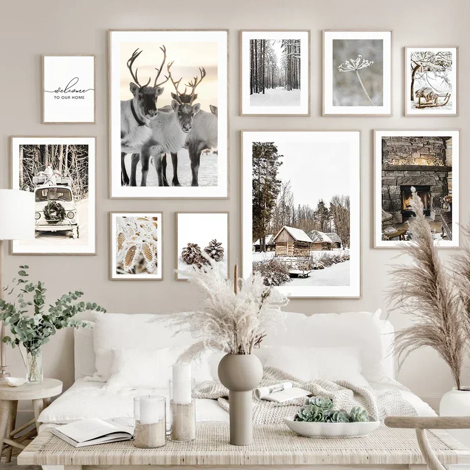 

Настенная Картина на холсте Рождественский подарок Ван олень сосна цветок Снег скандинавские плакаты и принты настенные картины для гости...