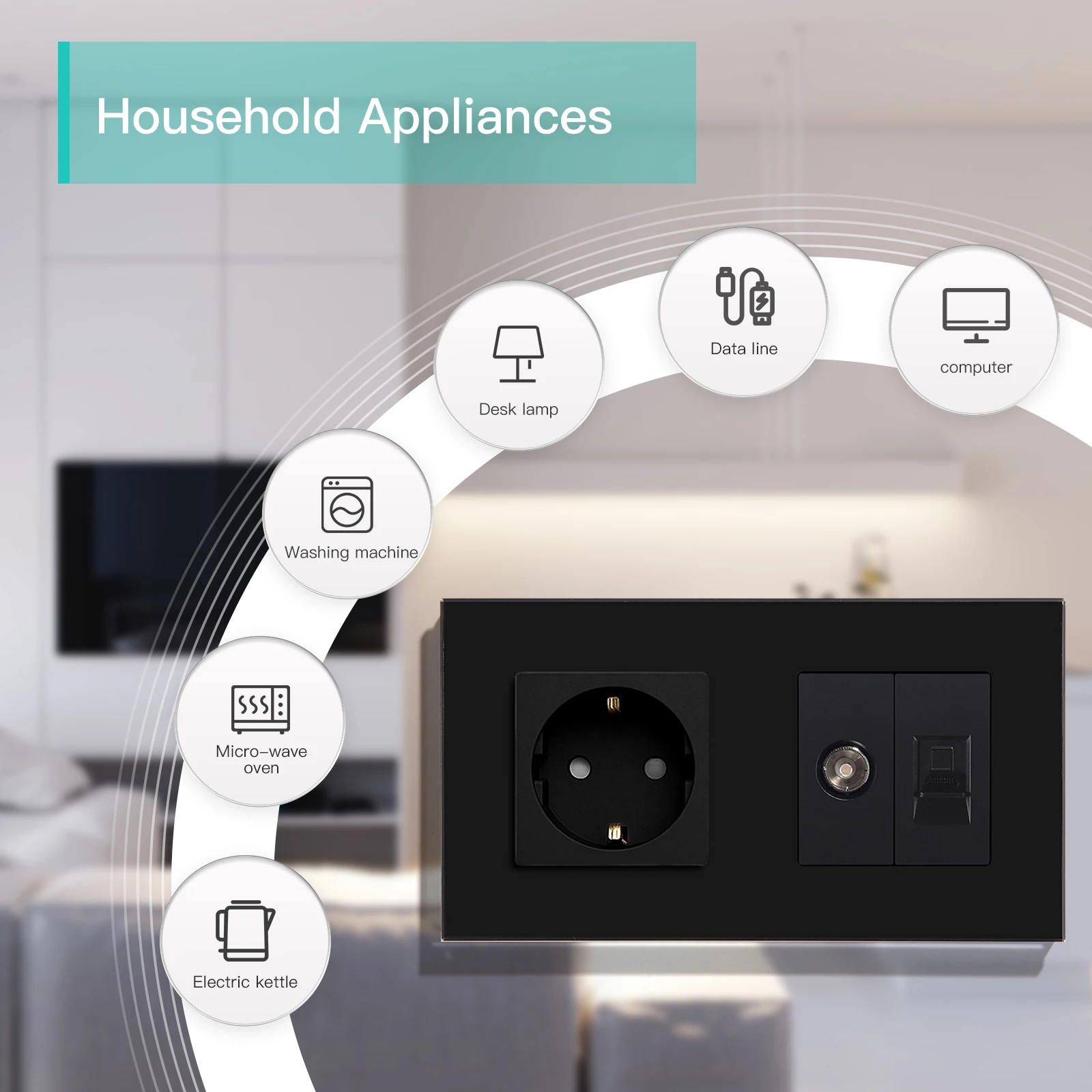 BSEED Sockets TV CAT6 Power Socket EU Standard TV Internet RJ45 PC Connections USB C Electric Wall Sockets Black Glass Frame
