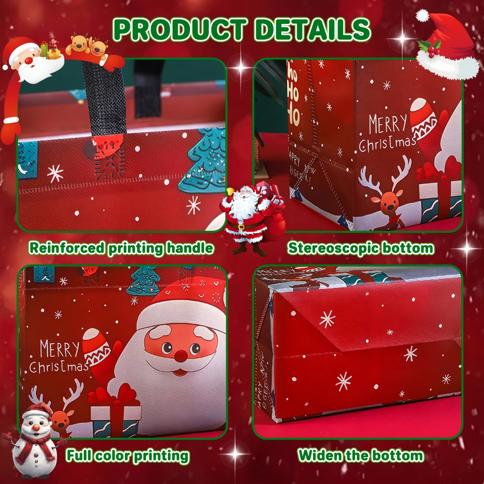 16 große Weihnachtsgeschenktüten mit Griffen, wiederverwendbar, Weihnachtsmann, Schneemann, Weihnachtsbaum-Designs – für Urlaubsangeln, Weihnachtsfeiern – Detail 7