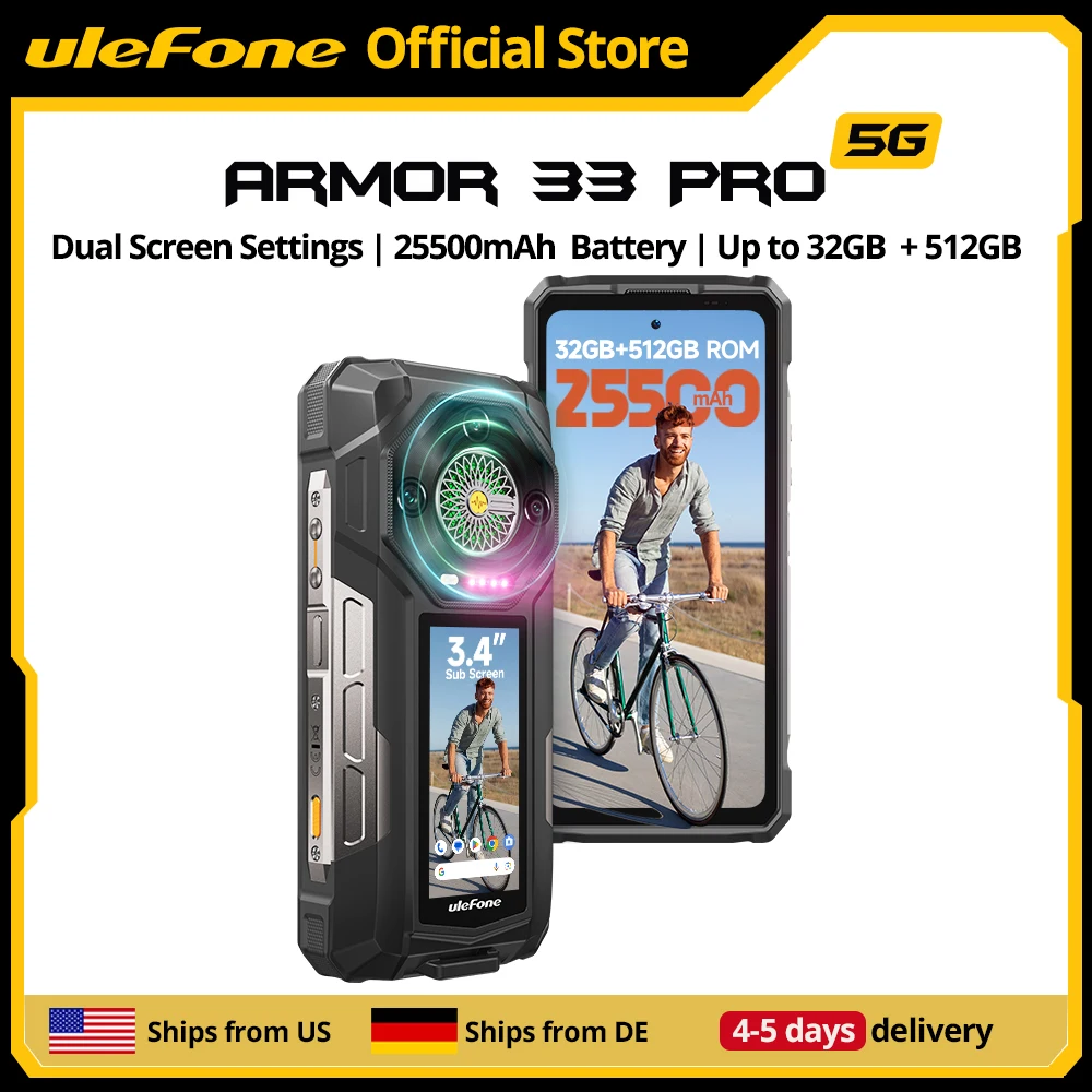 【Ships from US】Ulefone Armor 33 Pro 5G Rugged Phone 25500 mAh 512GB ROM 120Hz Dual Screen NFC Android Smartphone MTK
