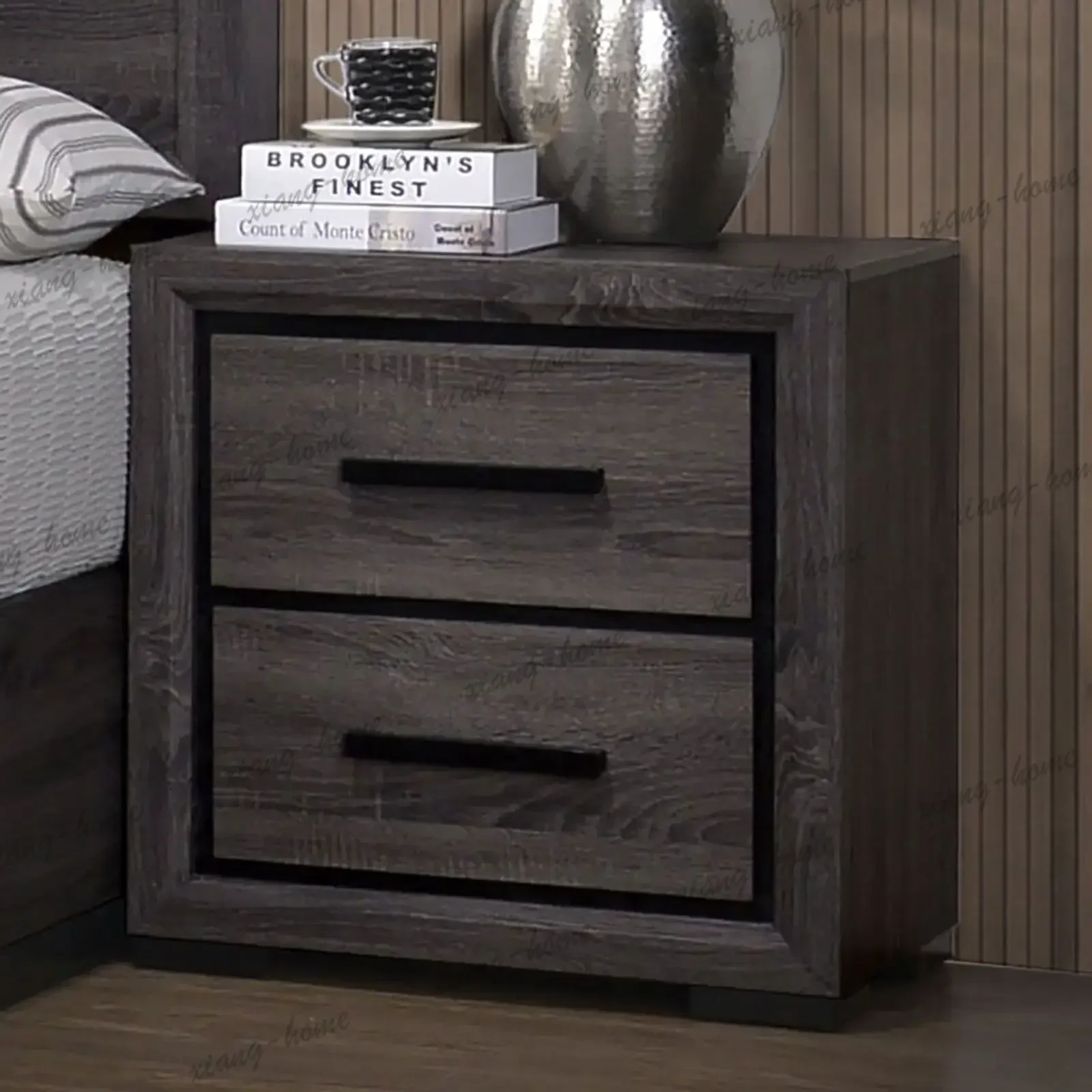 Best Sellers DB Gray Smart Nightstand 1pc Oak Bedroom Furniture With 2-Drawers Two-tone Design And Black Trim Paper Veneer Bedsi